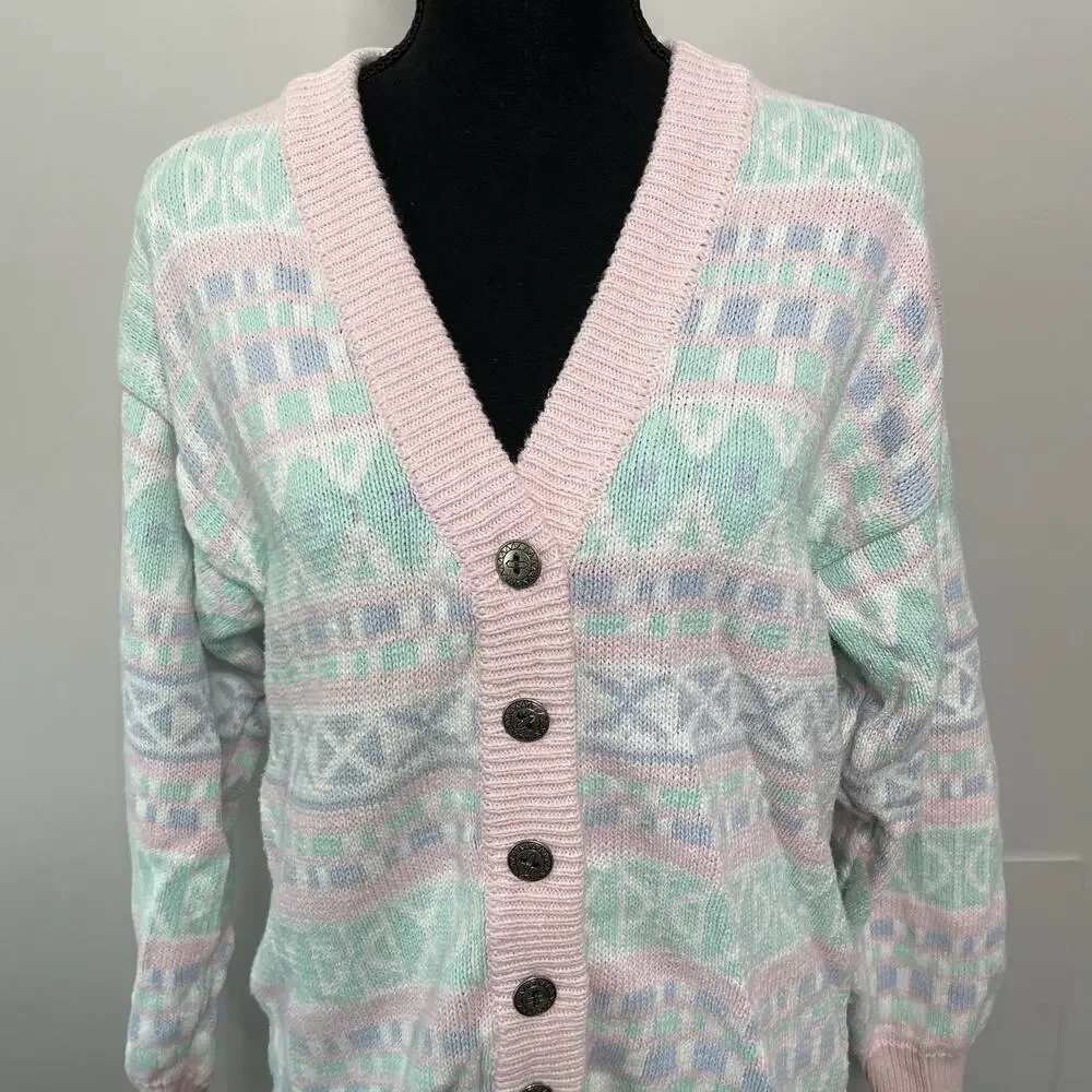 VTG Middlebrook Park V-Neck Button Up Knit Cardigan Sweater 90s Granny Pastel M‎